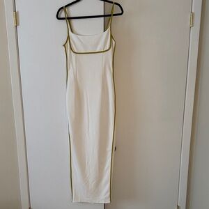 Bodycon White Midi Dress with Olive Trim